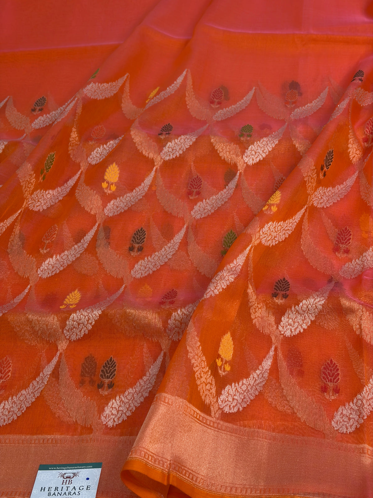 Orange Kora Silk Jamdani Handwoven Banarasi Saree