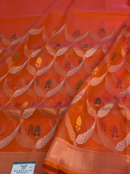 Orange Kora Silk Jamdani Handwoven Banarasi Saree