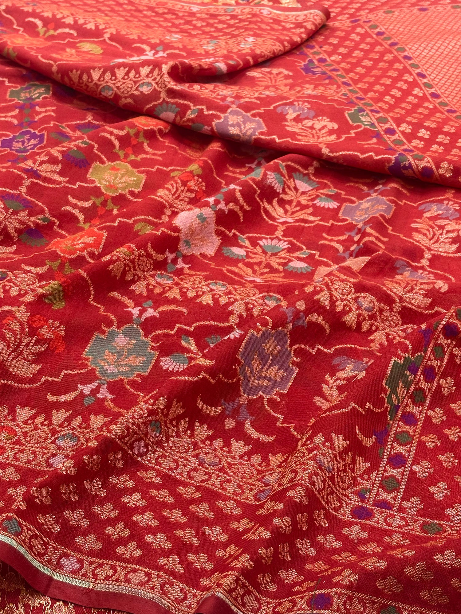 Red Banarasi cotton Jamdani handloom Saree