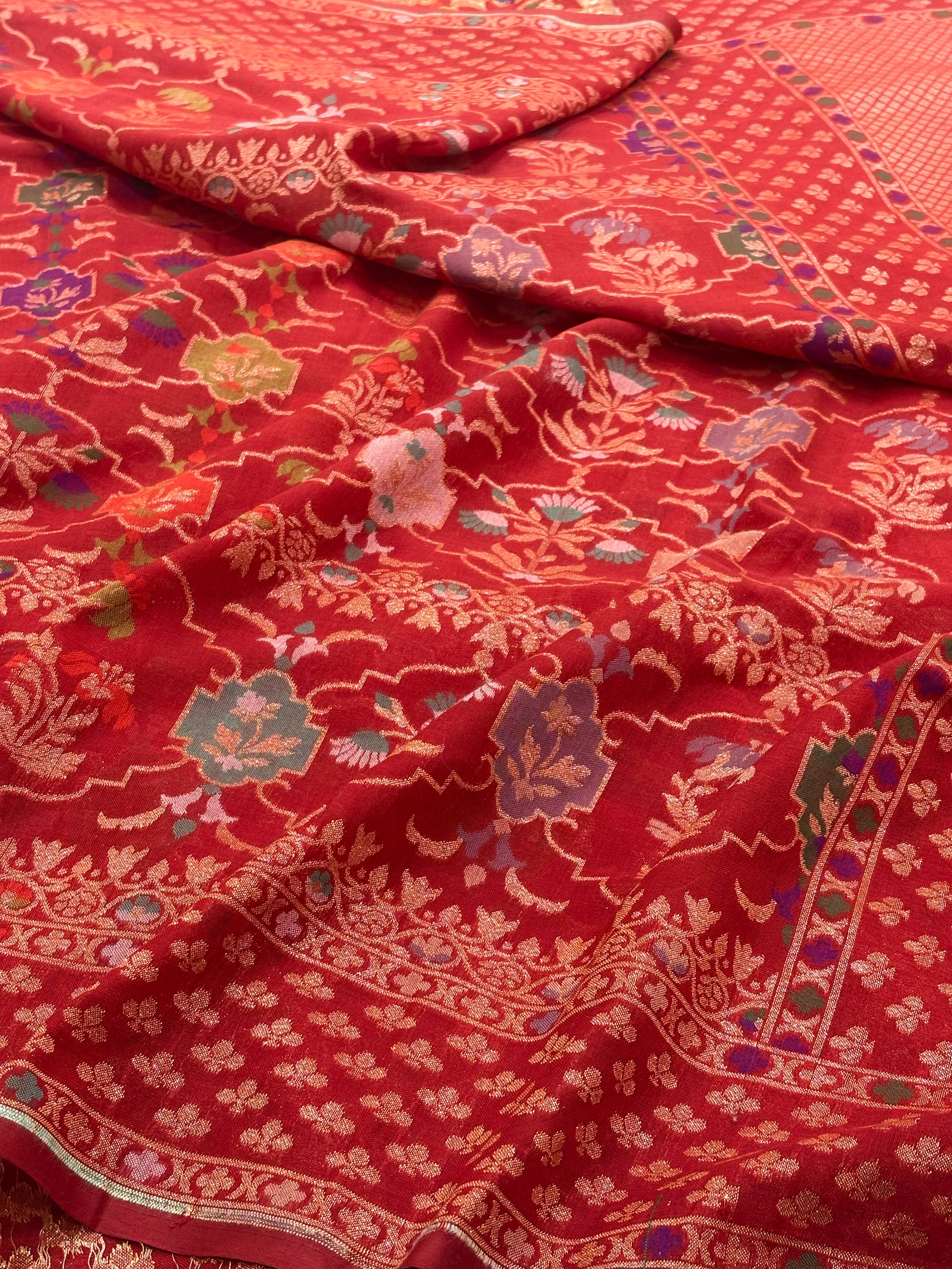Red Banarasi cotton Jamdani handloom Saree