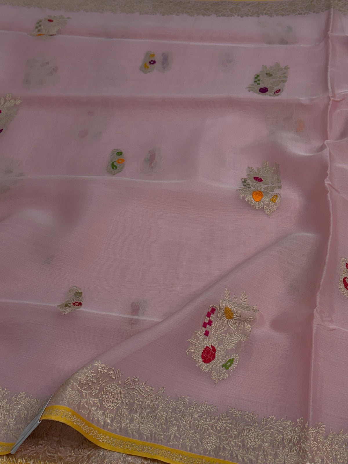 Baby pink handwoven pure Kora Banarasi saree with Kulfi Minakari weaving