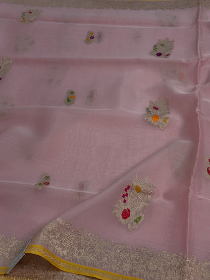 Baby pink handwoven pure Kora Banarasi saree with Kulfi Minakari weaving