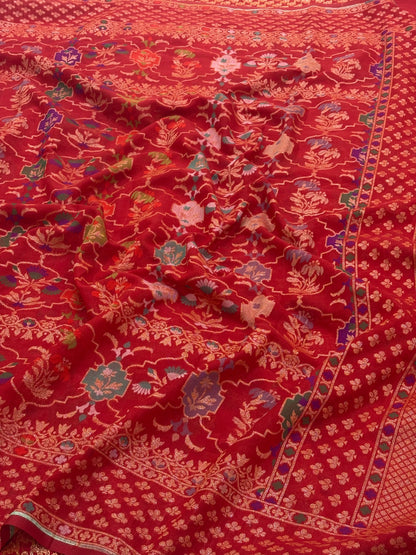 Red Banarasi cotton Jamdani handloom Saree