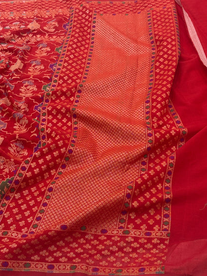 Red Banarasi cotton Jamdani handloom Saree