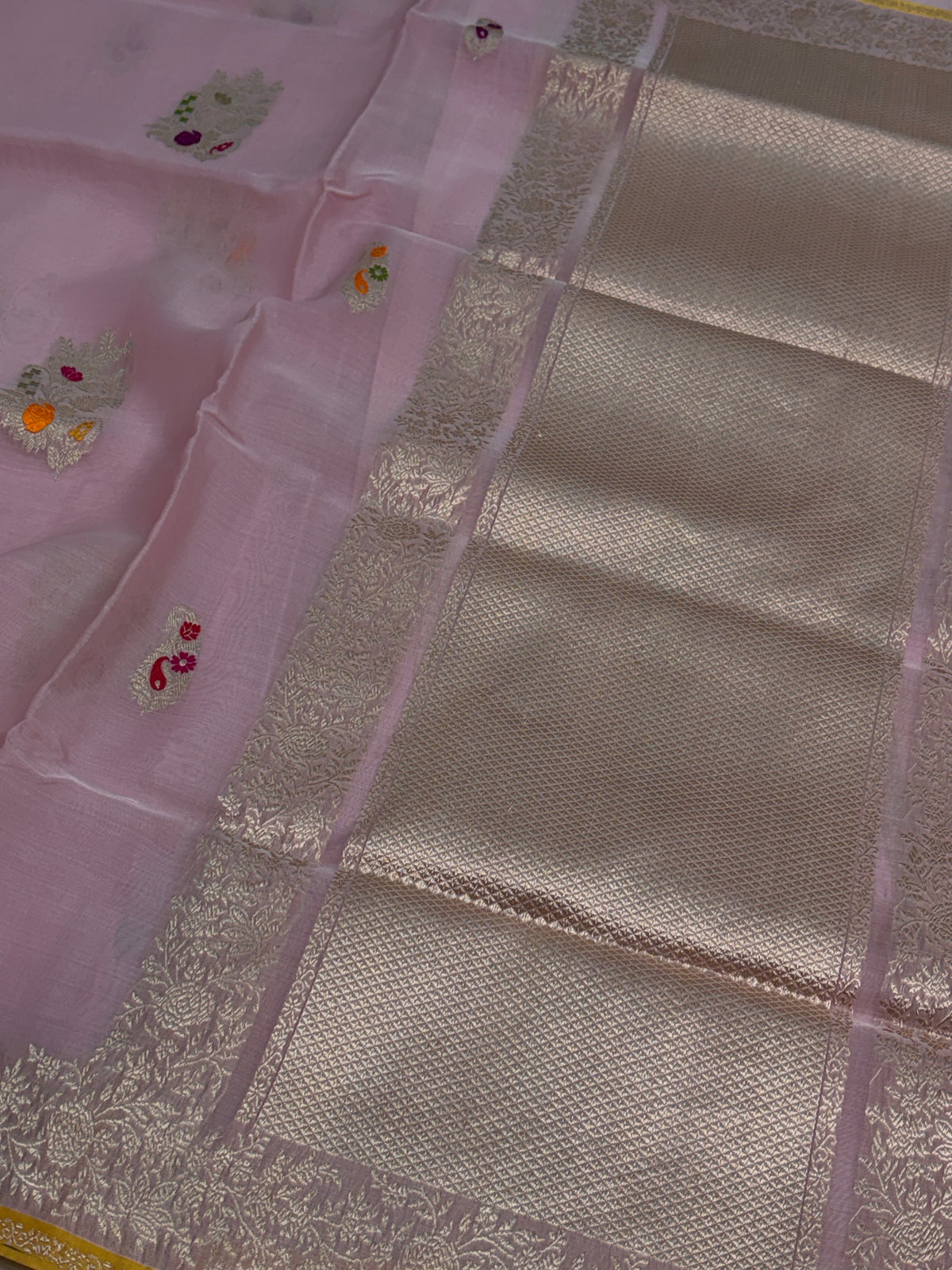 Baby pink handwoven pure Kora Banarasi saree with Kulfi Minakari weaving