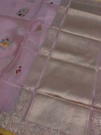Baby pink handwoven pure Kora Banarasi saree with Kulfi Minakari weaving