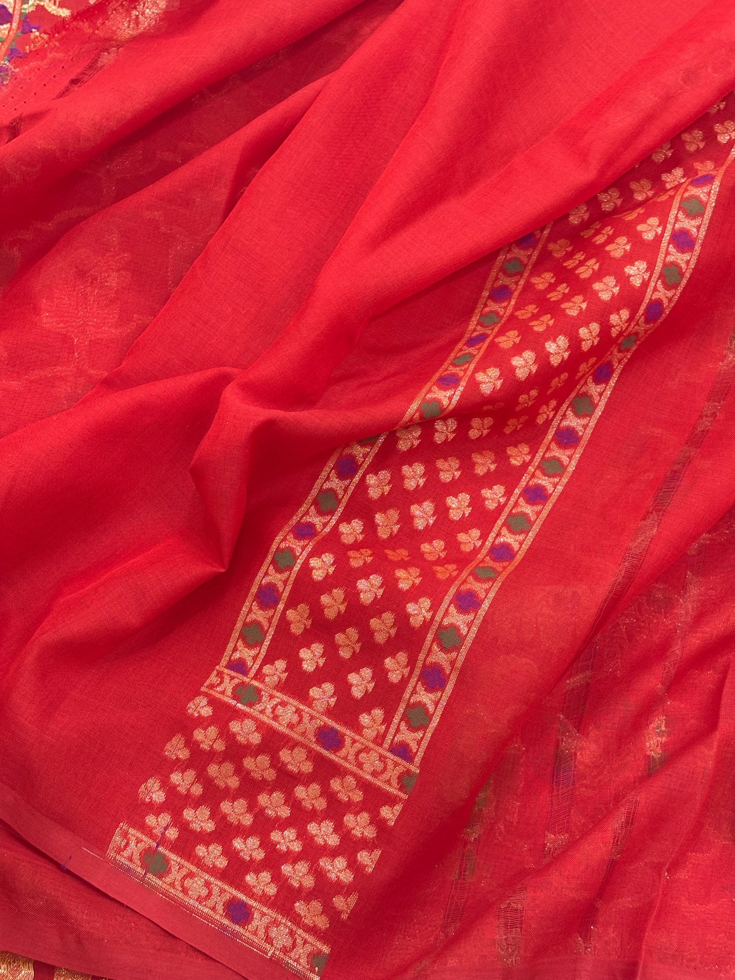 Red Banarasi cotton Jamdani handloom Saree