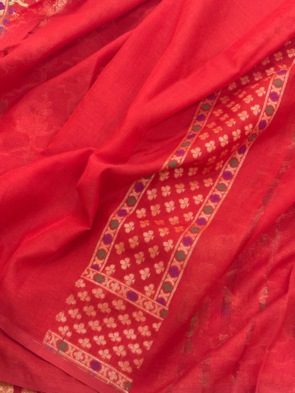 Red Banarasi cotton Jamdani handloom Saree