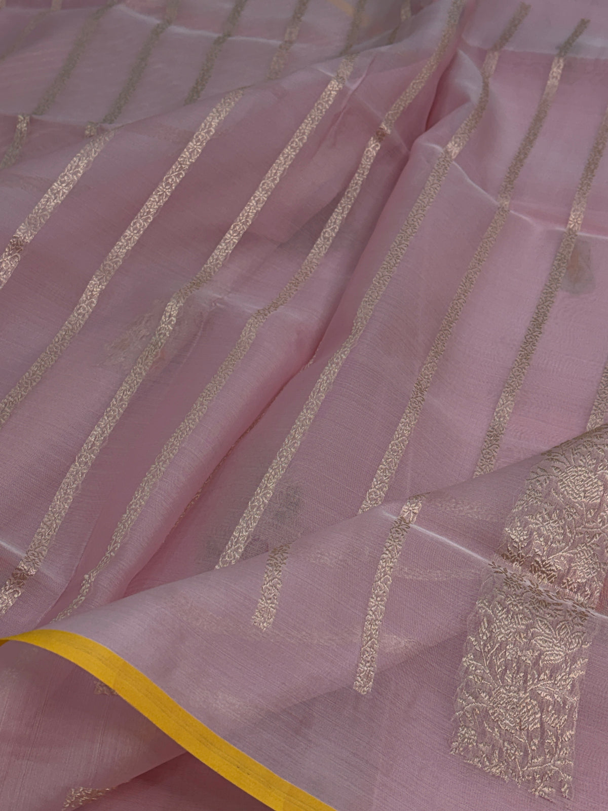 Baby pink handwoven pure Kora Banarasi saree with Kulfi Minakari weaving
