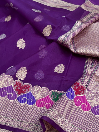 Purple Kora Banarasi Saree with Multicolor Minakari Border