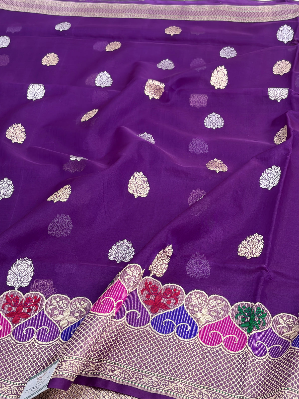 Purple Kora Banarasi Saree with Multicolor Minakari Border
