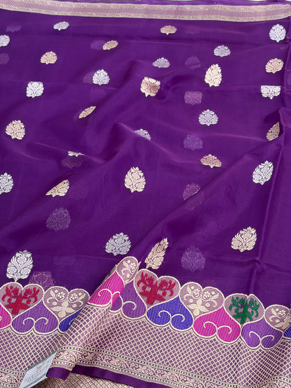 Purple Kora Banarasi Saree with Multicolor Minakari Border
