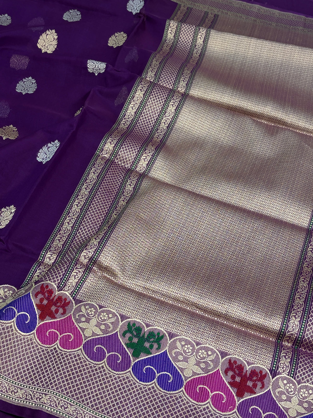 Purple Kora Banarasi Saree with Multicolor Minakari Border