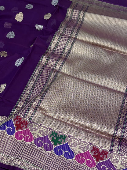 Purple Kora Banarasi Saree with Multicolor Minakari Border