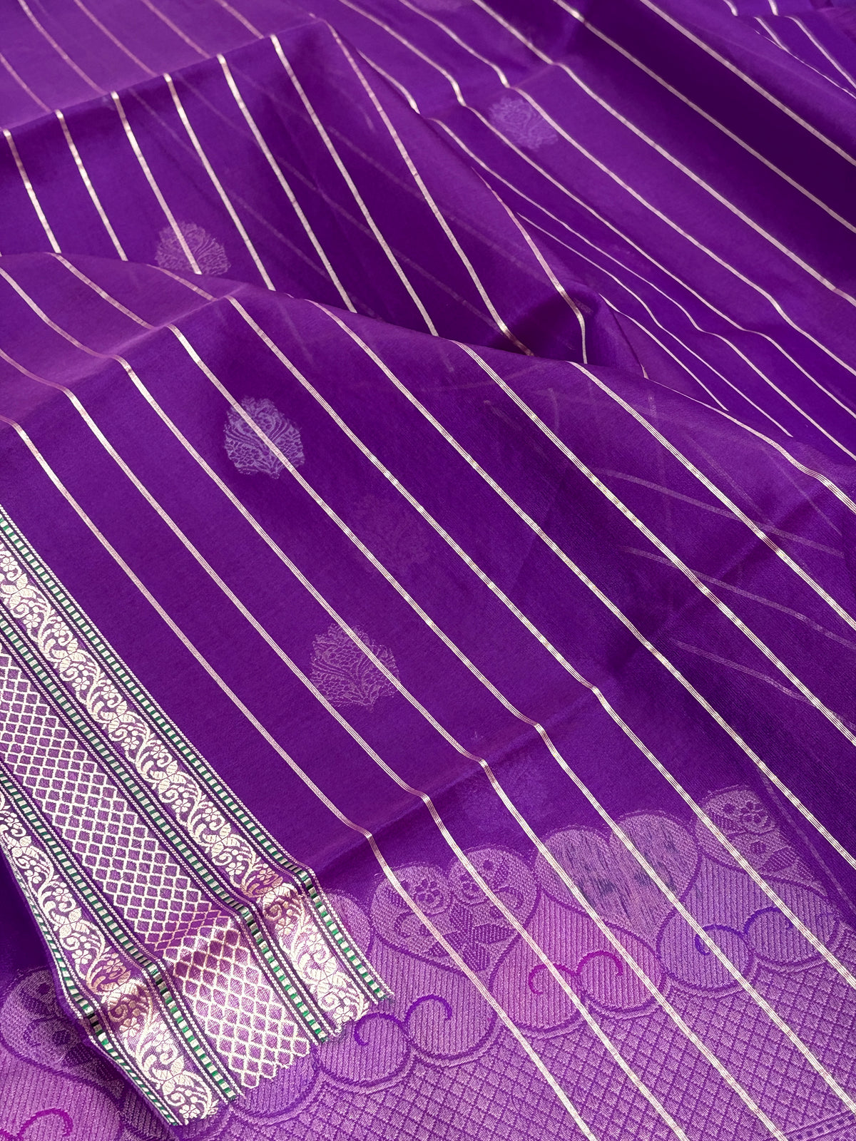 Purple Kora Banarasi Saree with Multicolor Minakari Border