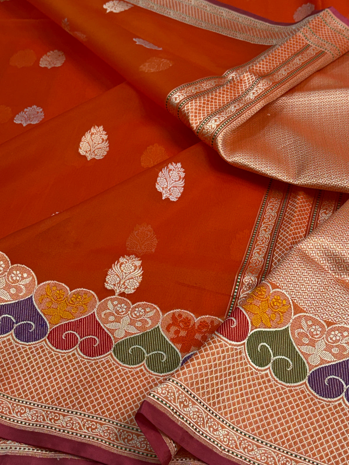 Orange Handwoven Pure Kora Banarasi with Multi-color Minakari Border