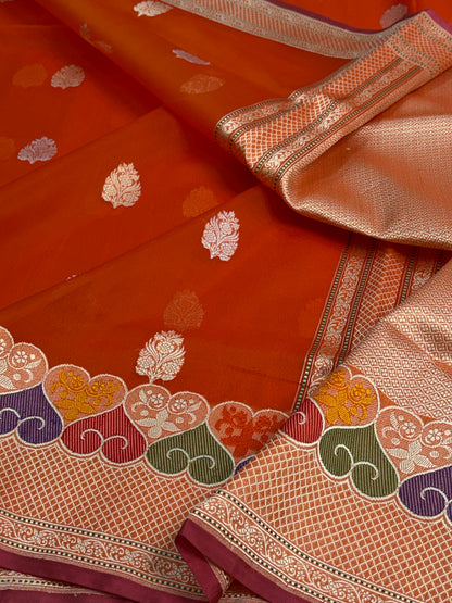 Orange Handwoven Pure Kora Banarasi with Multi-color Minakari Border