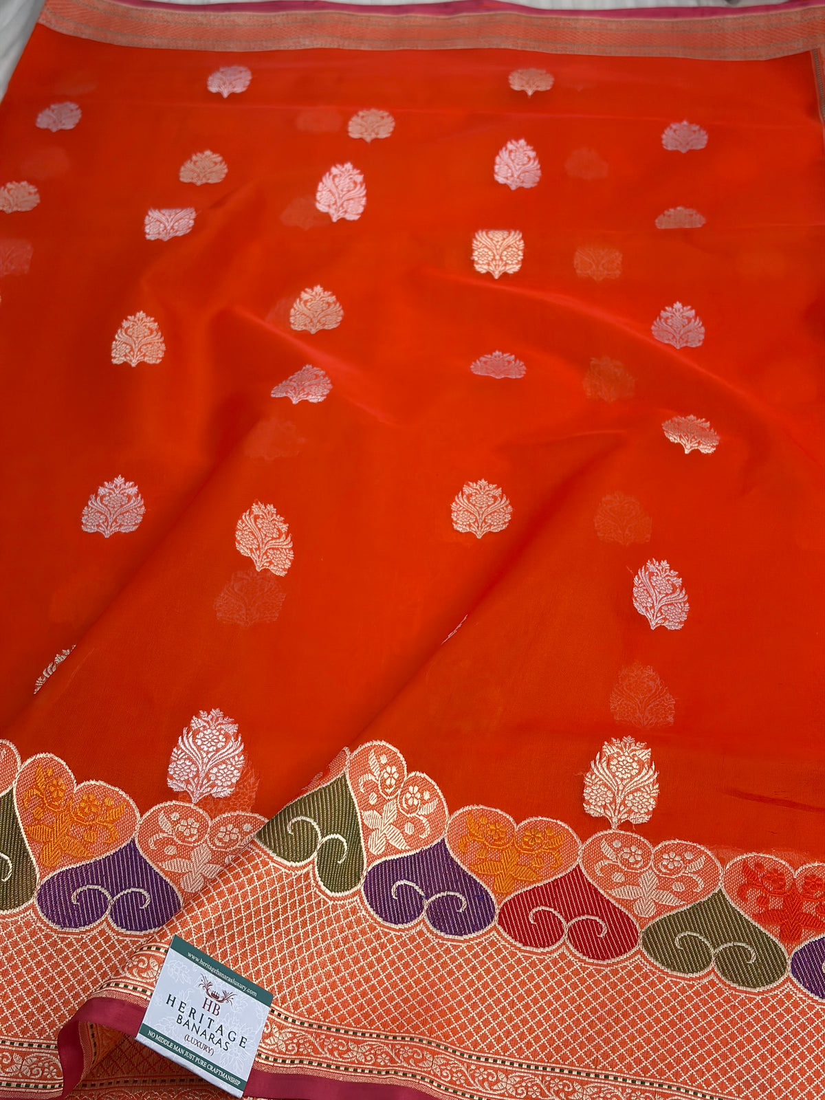Orange Handwoven Pure Kora Banarasi with Multi-color Minakari Border