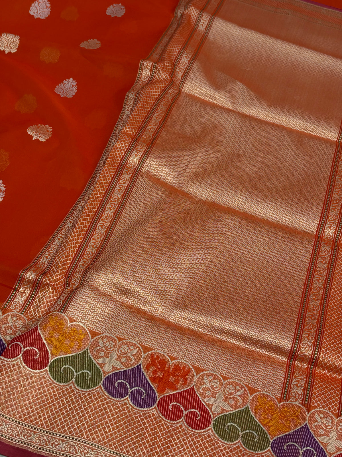 Orange Handwoven Pure Kora Banarasi with Multi-color Minakari Border