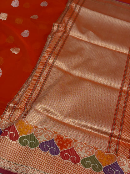 Orange Handwoven Pure Kora Banarasi with Multi-color Minakari Border
