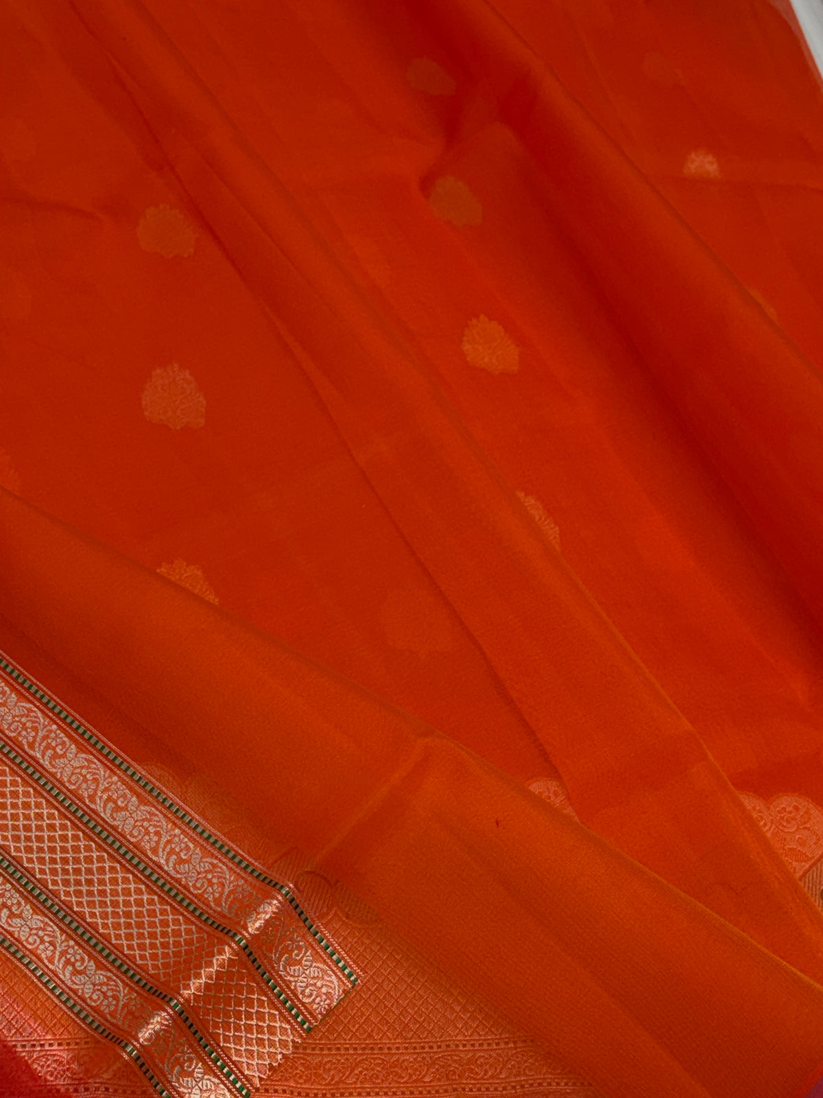Orange Handwoven Pure Kora Banarasi with Multi-color Minakari Border