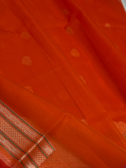 Orange Handwoven Pure Kora Banarasi with Multi-color Minakari Border