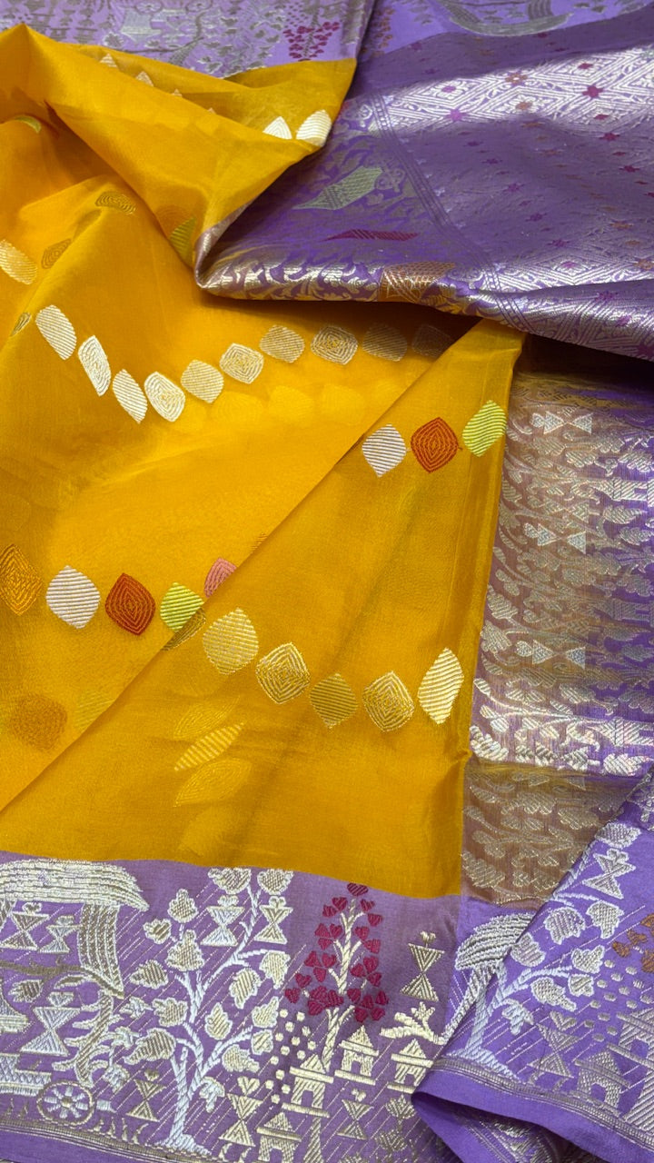 Yellow Pure Banarasi Organza Silk Handwoven Saree