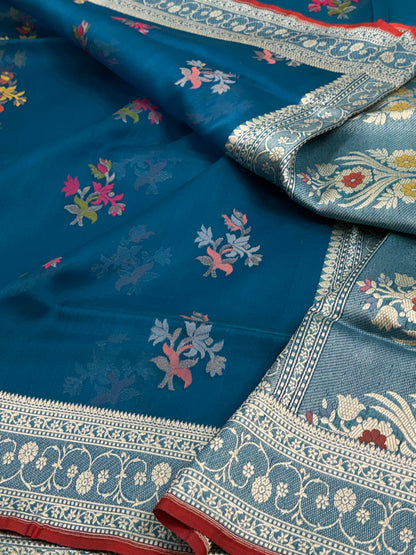 Petrol Blue Pure Kora Banarasi Jamdani Saree with Tilfi boota weaving