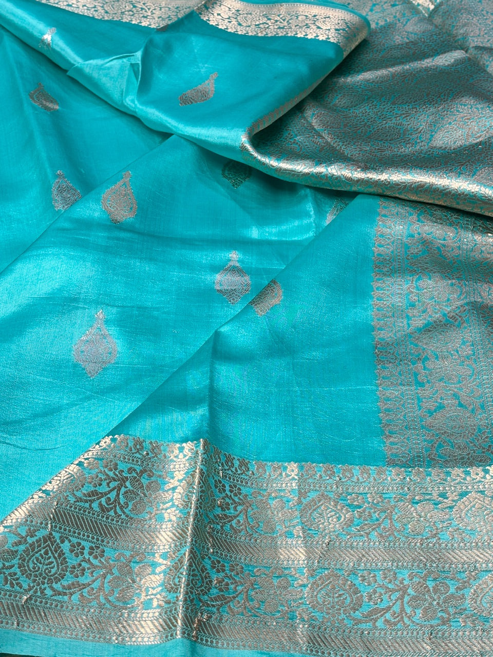 Aqua Blue Mango Katan Banarasi Silk Handwoven Saree