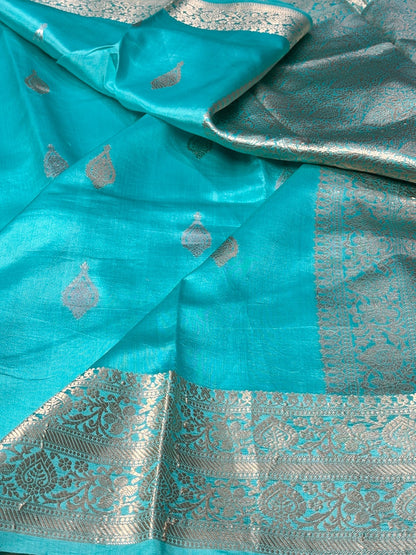 Aqua Blue Mango Katan Banarasi Silk Handwoven Saree