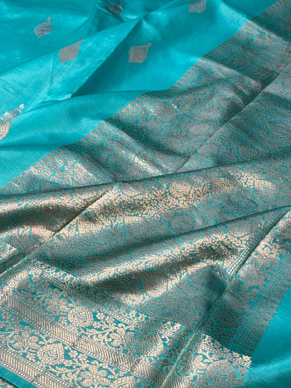 Aqua Blue Mango Katan Banarasi Silk Handwoven Saree