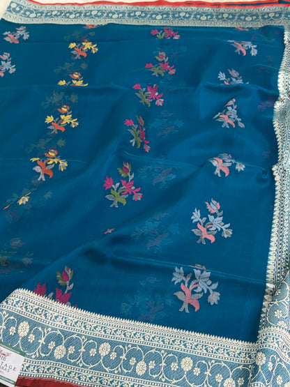 Petrol Blue Pure Kora Banarasi Jamdani Saree with Tilfi boota weaving