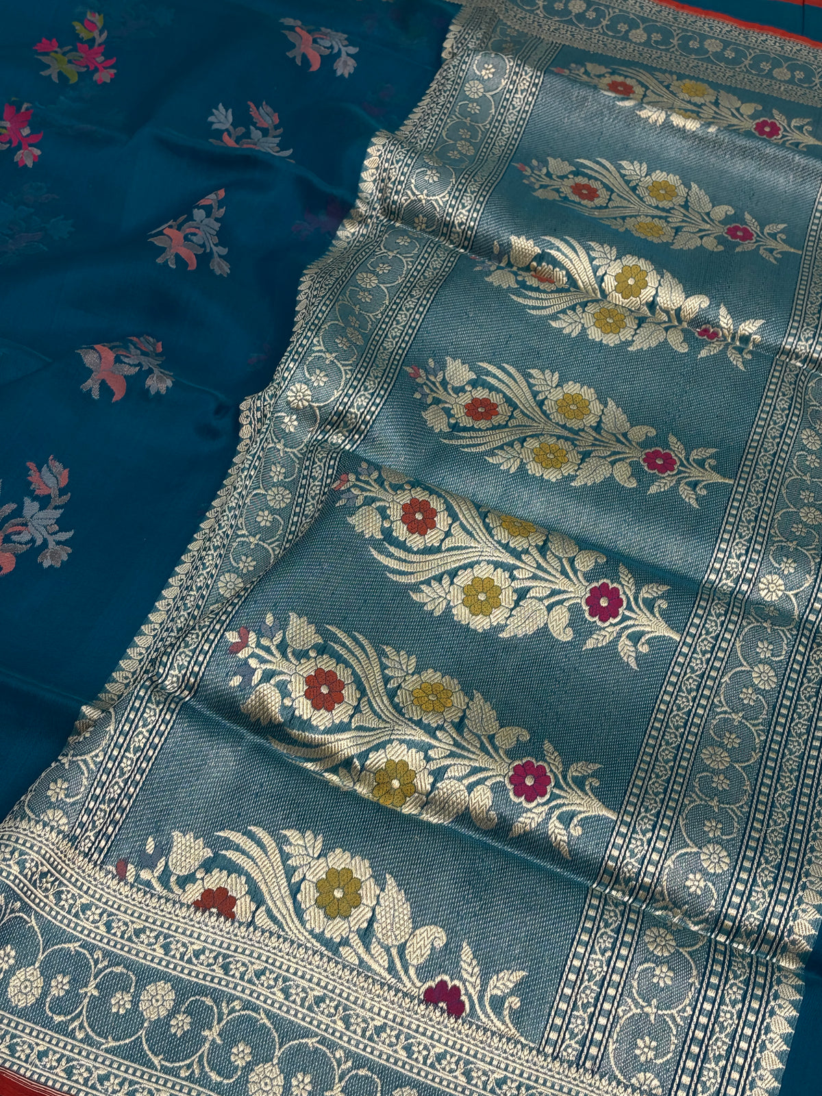 Petrol Blue Pure Kora Banarasi Jamdani Saree with Tilfi boota weaving