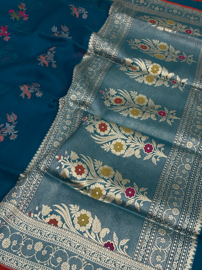Petrol Blue Pure Kora Banarasi Jamdani Saree with Tilfi boota weaving