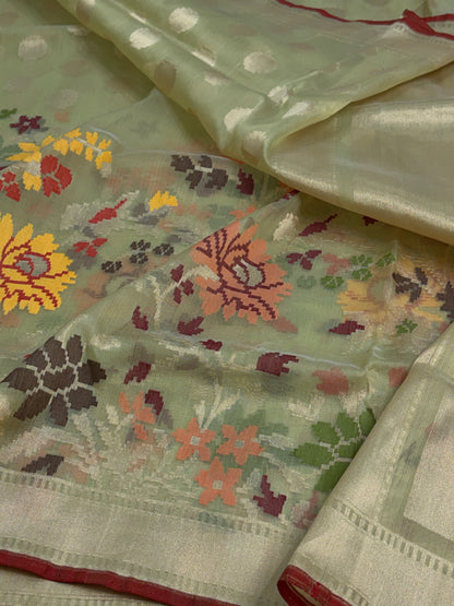 Pista Green Kora Jamdani Banarasi Saree with Minakari skirt-style Jamdani weaving