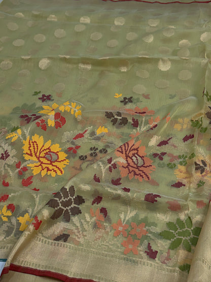 Pista Green Kora Jamdani Banarasi Saree with Minakari skirt-style Jamdani weaving