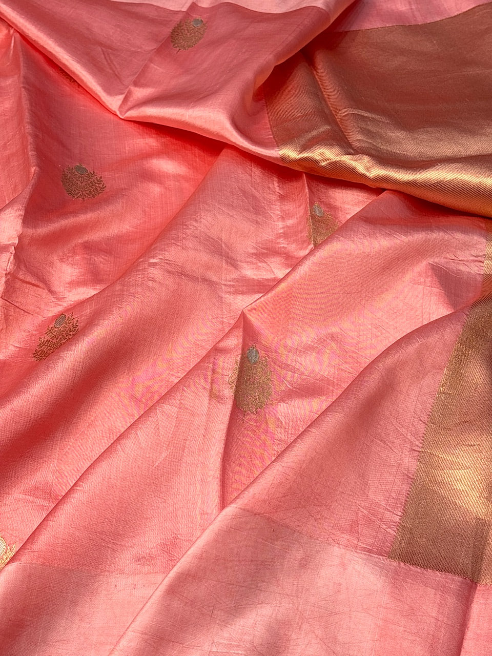 Peach Pink Mango Katan Banarasi Silk Handwoven Saree