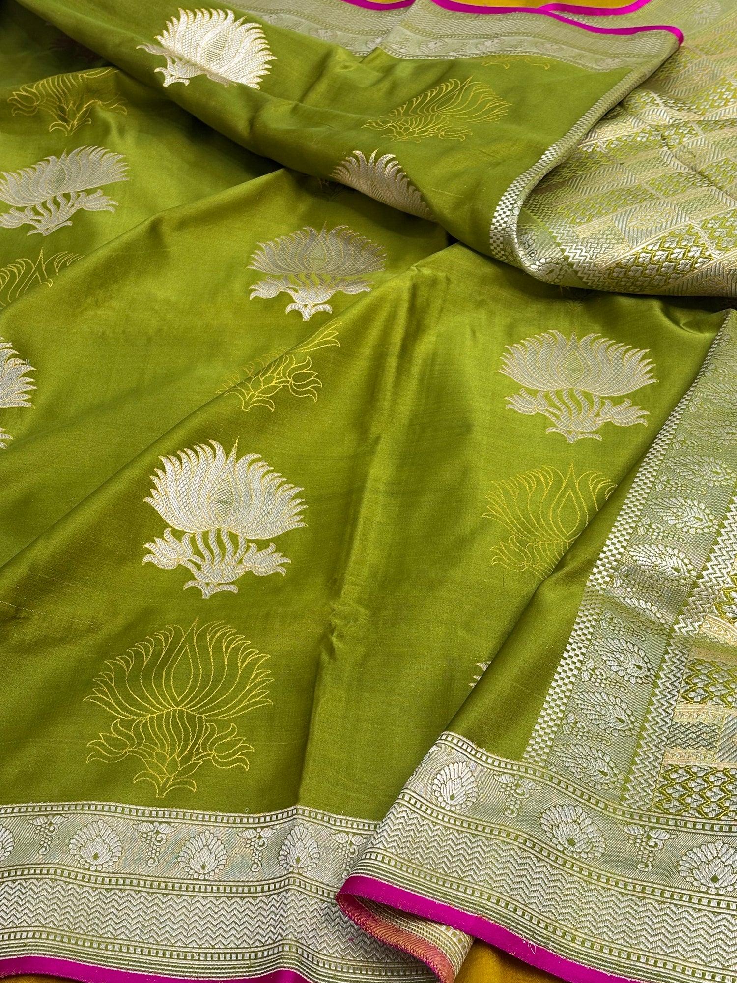 Pure Parrot Green Satin Silk Handwoven Saree