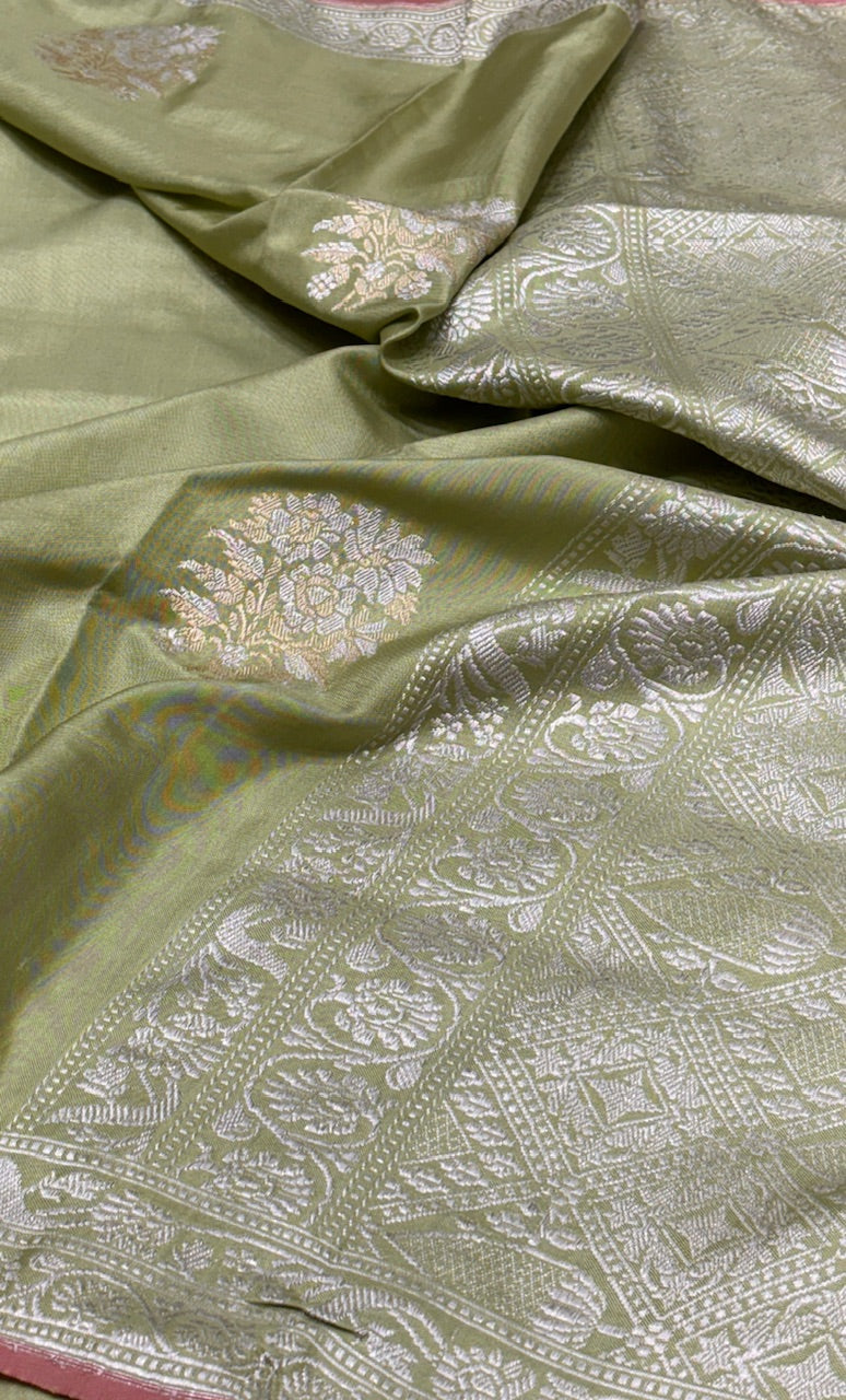 Light Olive Green Pure Banarasi Katan Silk Saree