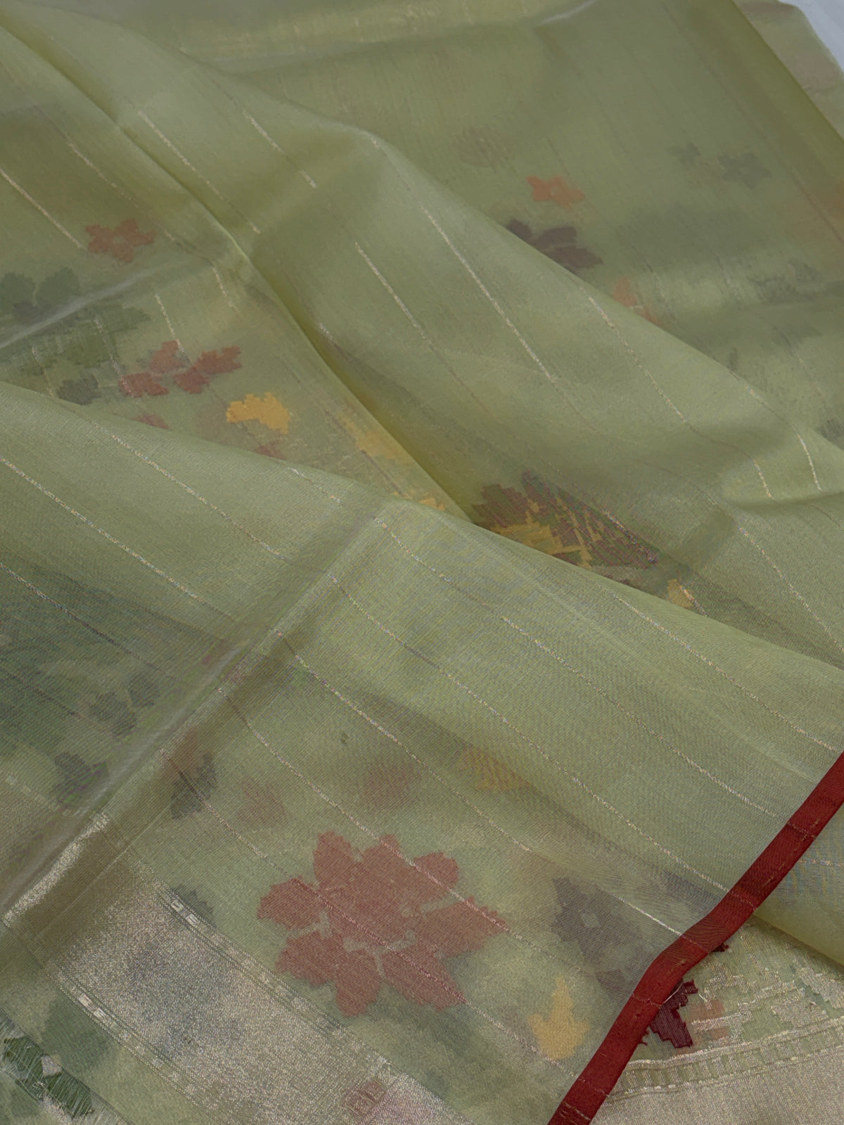 Pista Green Kora Jamdani Banarasi Saree with Minakari skirt-style Jamdani weaving