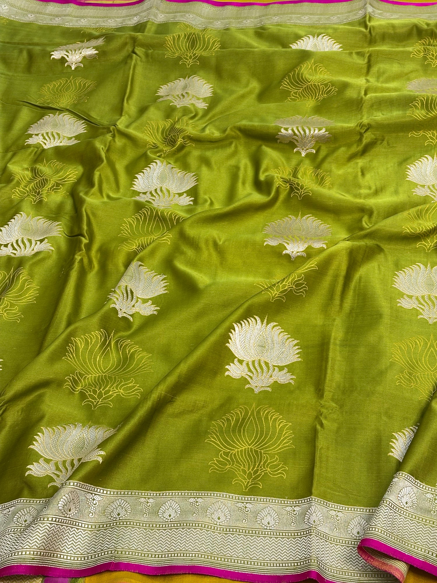 Pure Parrot Green Satin Silk Handwoven Saree