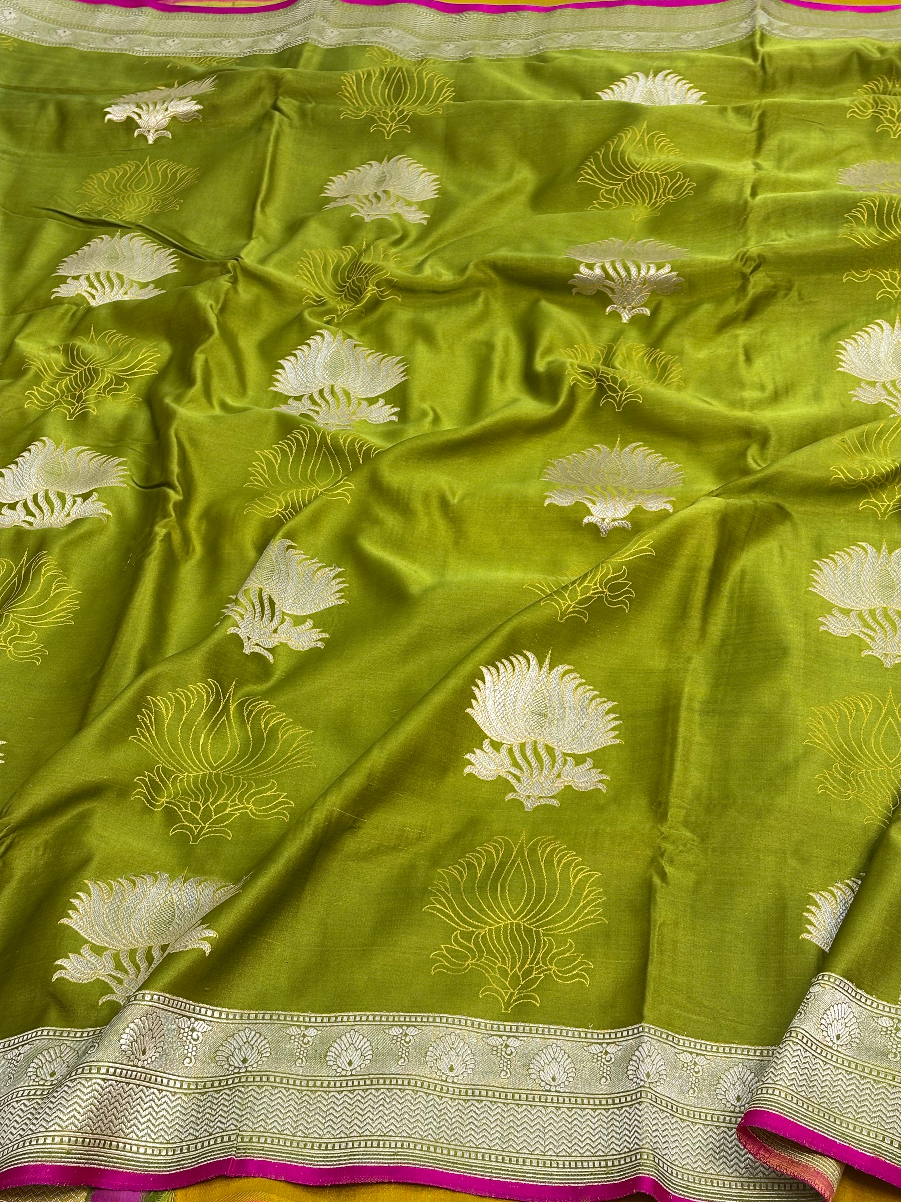 Pure Parrot Green Satin Silk Handwoven Saree