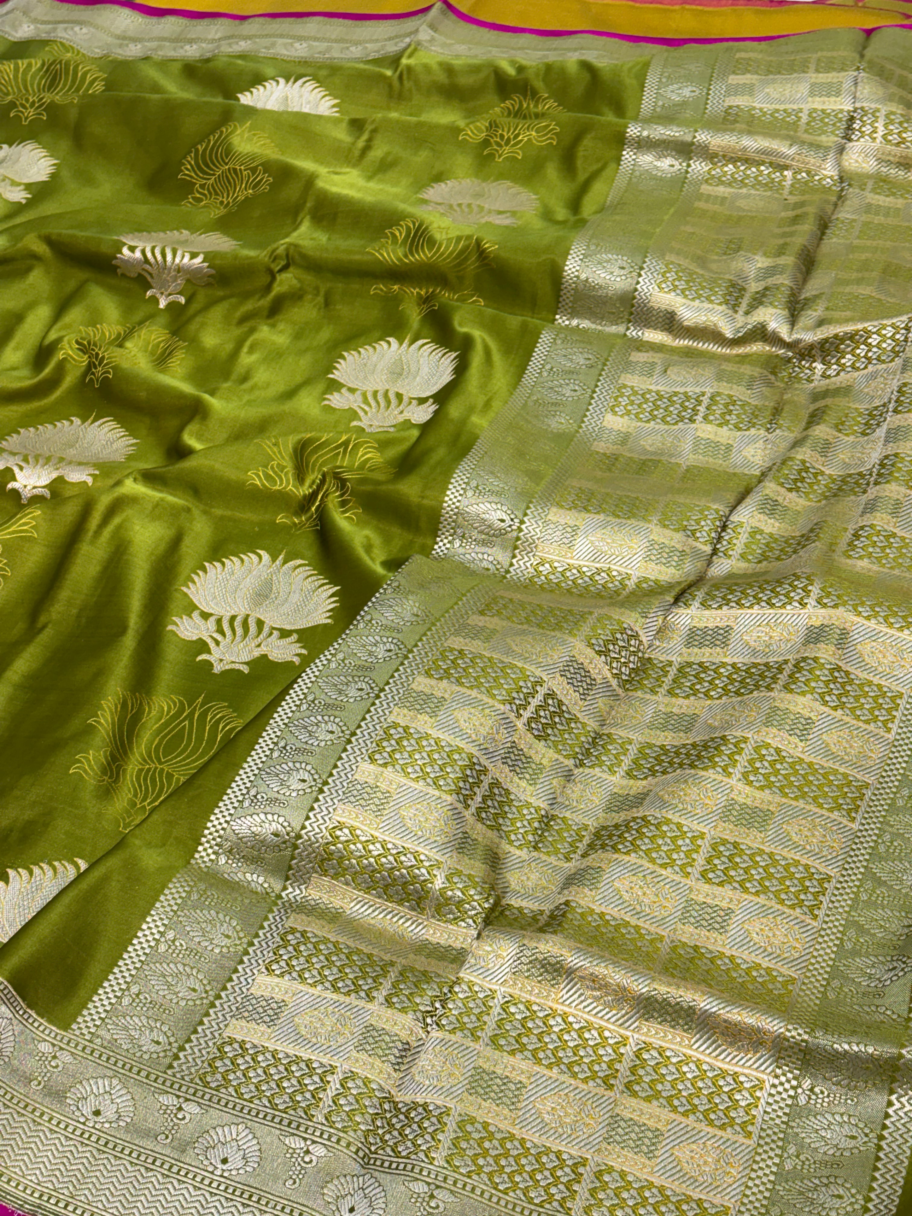 Pure Parrot Green Satin Silk Handwoven Saree