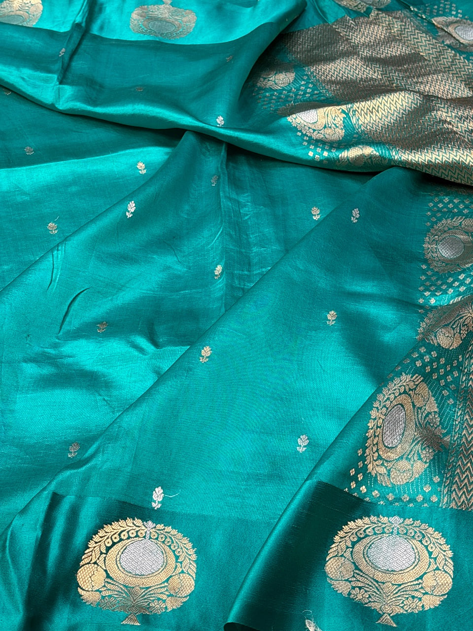 Teal Green Mango Katan Banarasi Silk Handwoven Saree