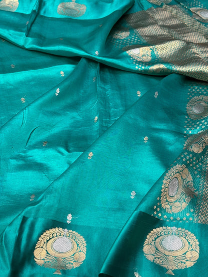 Teal Green Mango Katan Banarasi Silk Handwoven Saree