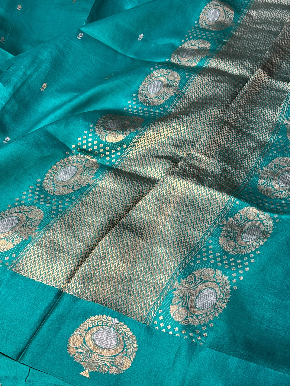Teal Green Mango Katan Banarasi Silk Handwoven Saree