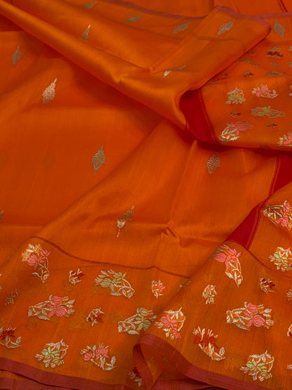 Orange Pure Kora Banarasi Saree with Tilfi Minakari skirt-style booti border weaving
