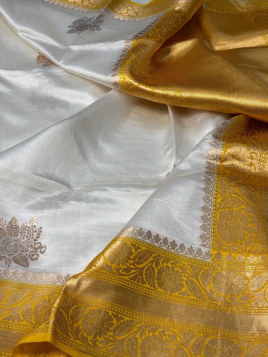 Ivory Mango Katan Banarasi Silk Handwoven Saree