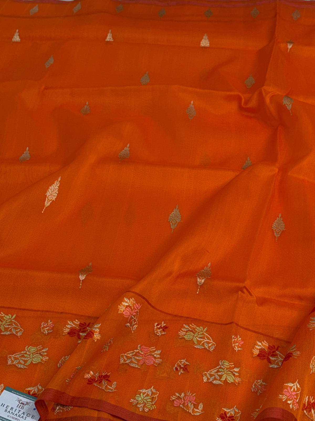 Orange Pure Kora Banarasi Saree with Tilfi Minakari skirt-style booti border weaving