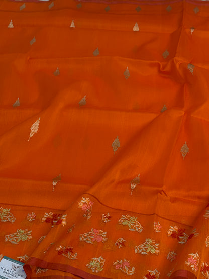 Orange Pure Kora Banarasi Saree with Tilfi Minakari skirt-style booti border weaving